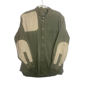 Woolrich Men’s Hunting Shirt Green Beige Canvas Elbow Patches Quilted Shoulder L